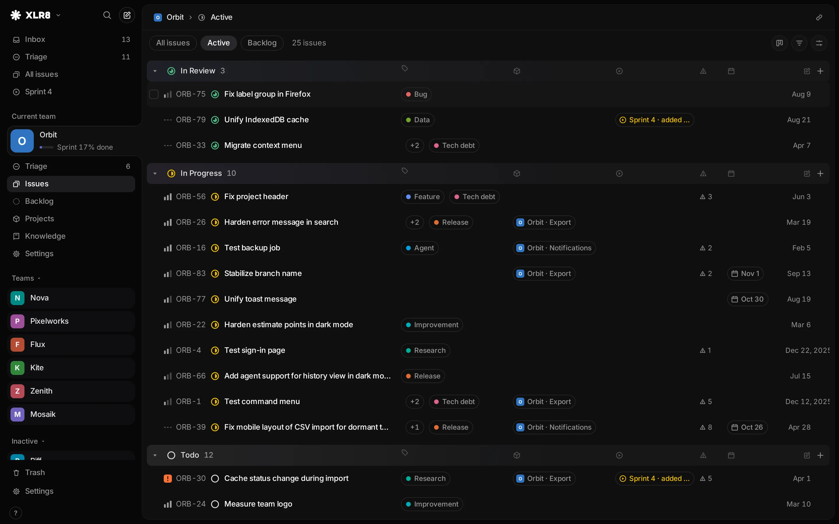 The XLR8 issue list: team sidebar on the left, issues grouped by status with labels, projects and due dates