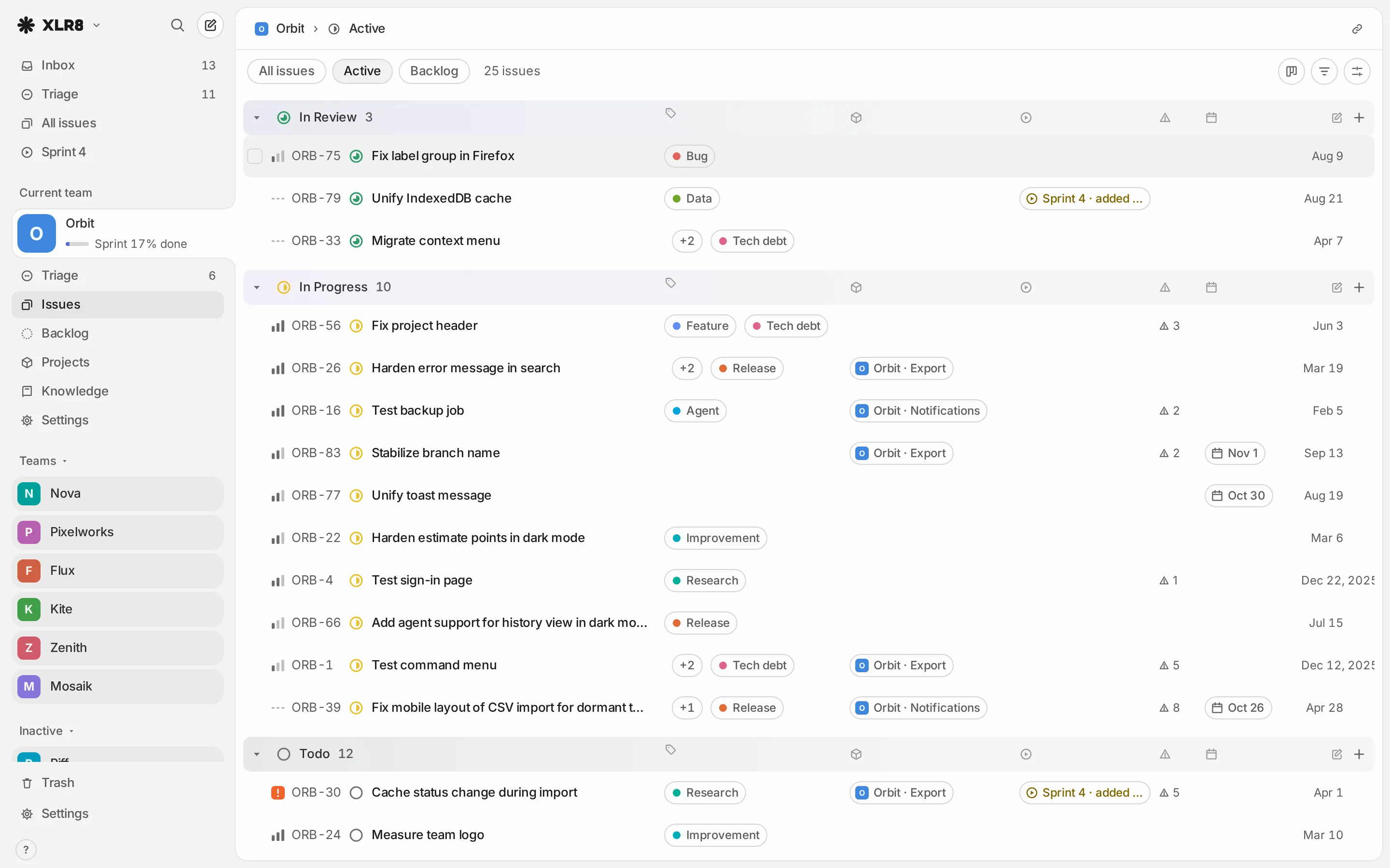 The XLR8 issue list: team sidebar on the left, issues grouped by status with labels, projects and due dates